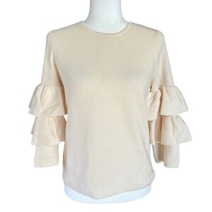 J. McLaughlin Ribbed Sweater Ruffle Sleeves Merino Wool Women XS